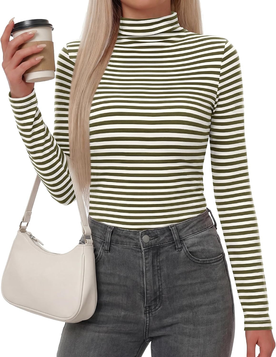 image:imageBTFBM Long Sleeve Shirts for Women Turtleneck Striped Shirt Lightweight Basic Thermal Underwear Tops 2026 Fall FashionArmy Green White