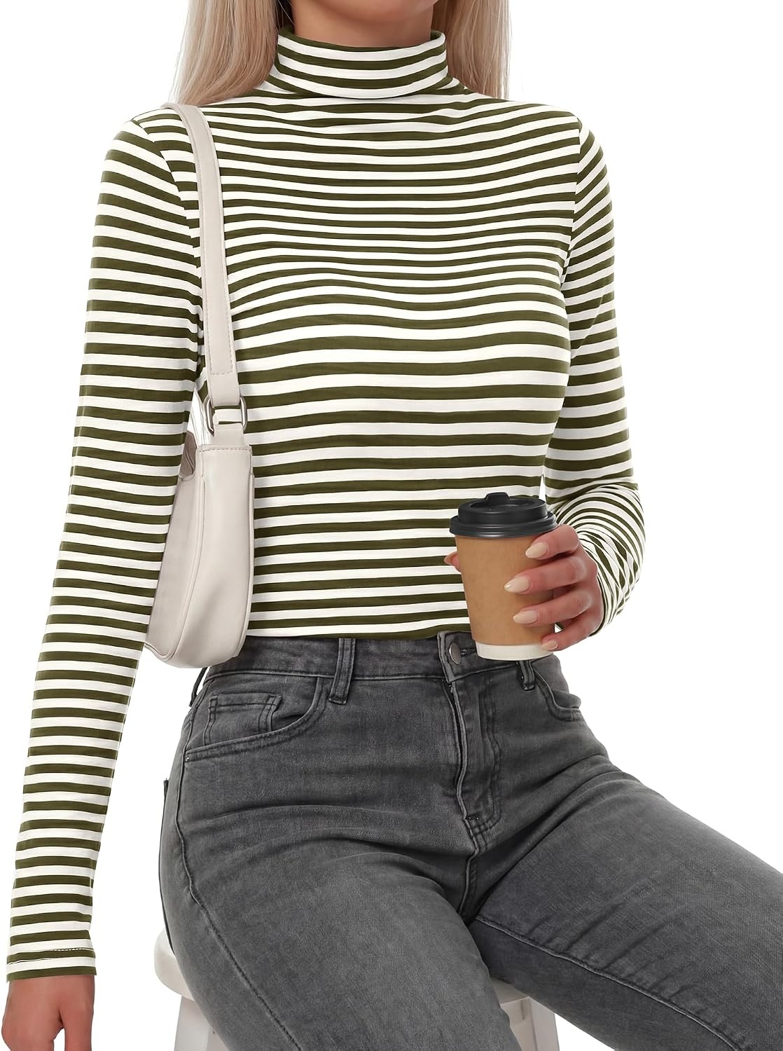 image:imageBTFBM Long Sleeve Shirts for Women Turtleneck Striped Shirt Lightweight Basic Thermal Underwear Tops 2026 Fall FashionArmy Green White