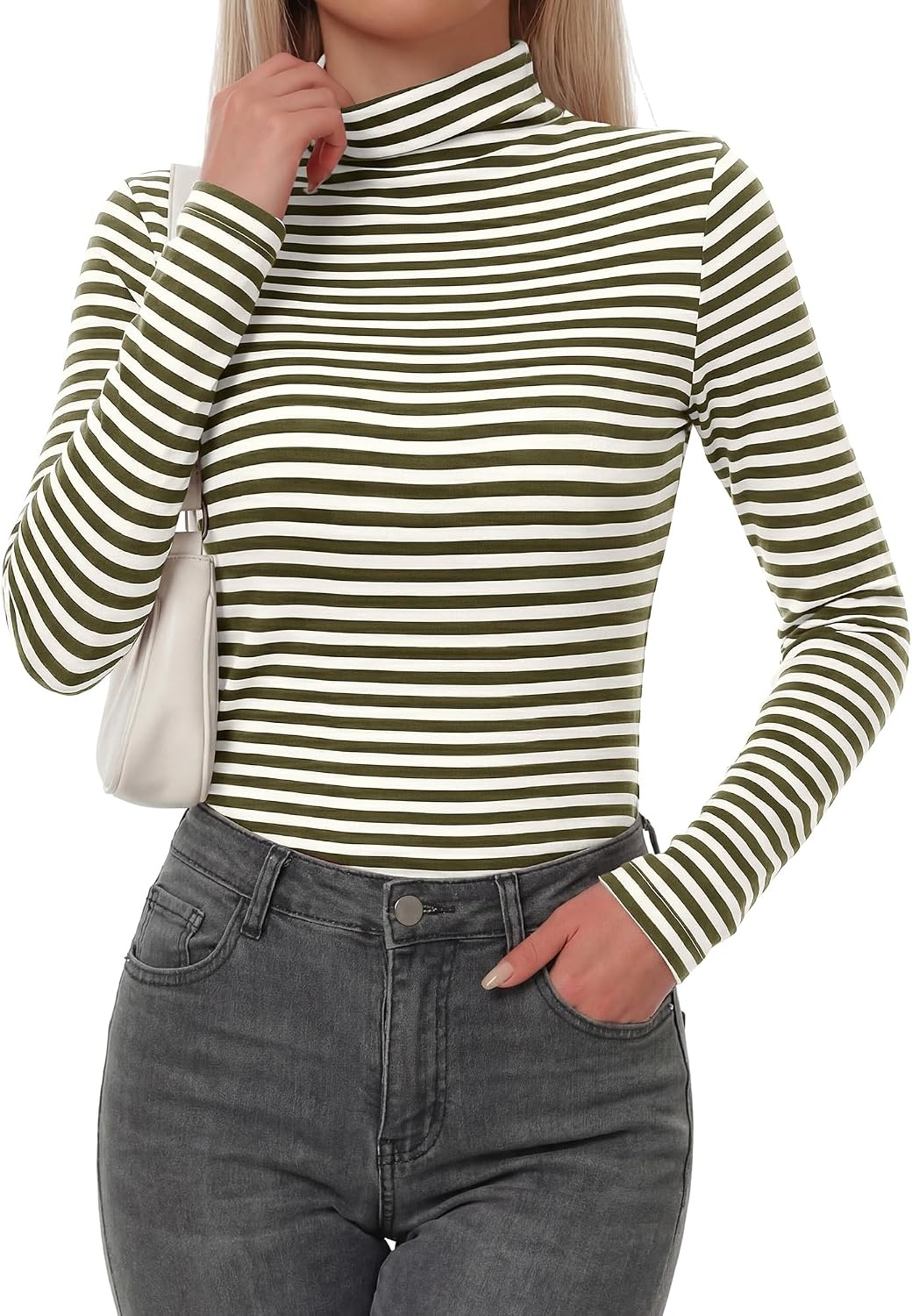 image:imageBTFBM Long Sleeve Shirts for Women Turtleneck Striped Shirt Lightweight Basic Thermal Underwear Tops 2026 Fall FashionArmy Green White