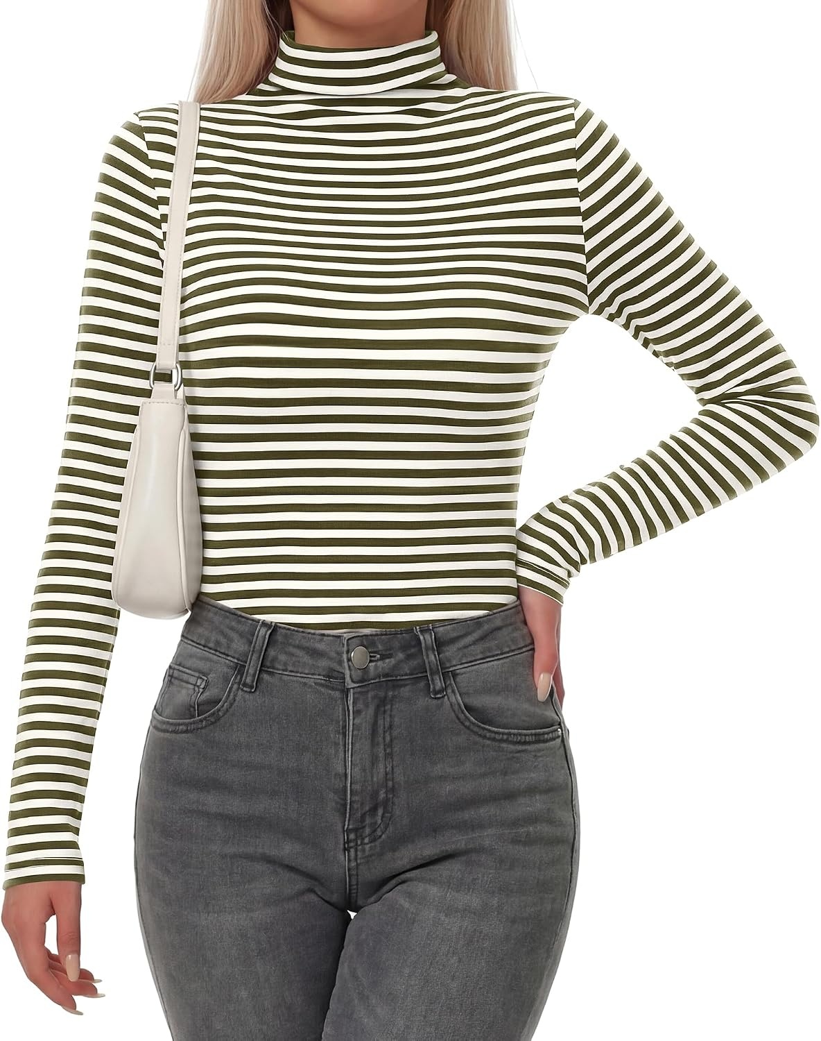 image:imageBTFBM Long Sleeve Shirts for Women Turtleneck Striped Shirt Lightweight Basic Thermal Underwear Tops 2026 Fall FashionArmy Green White