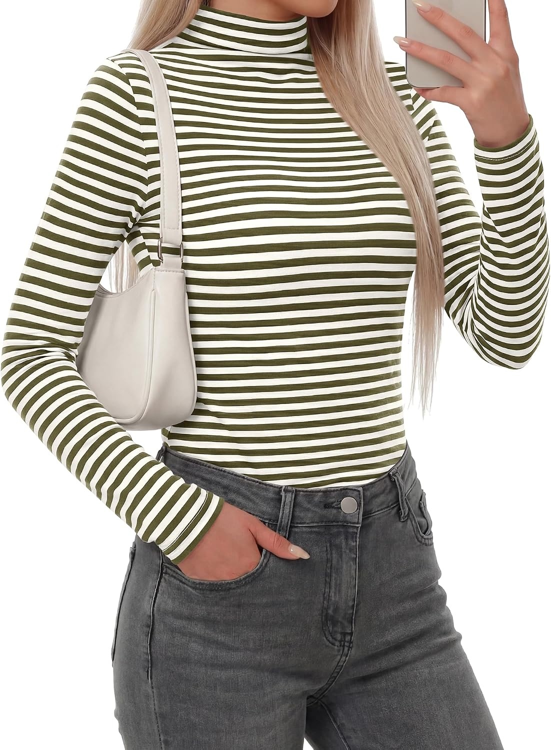 image:imageBTFBM Long Sleeve Shirts for Women Turtleneck Striped Shirt Lightweight Basic Thermal Underwear Tops 2026 Fall FashionArmy Green White