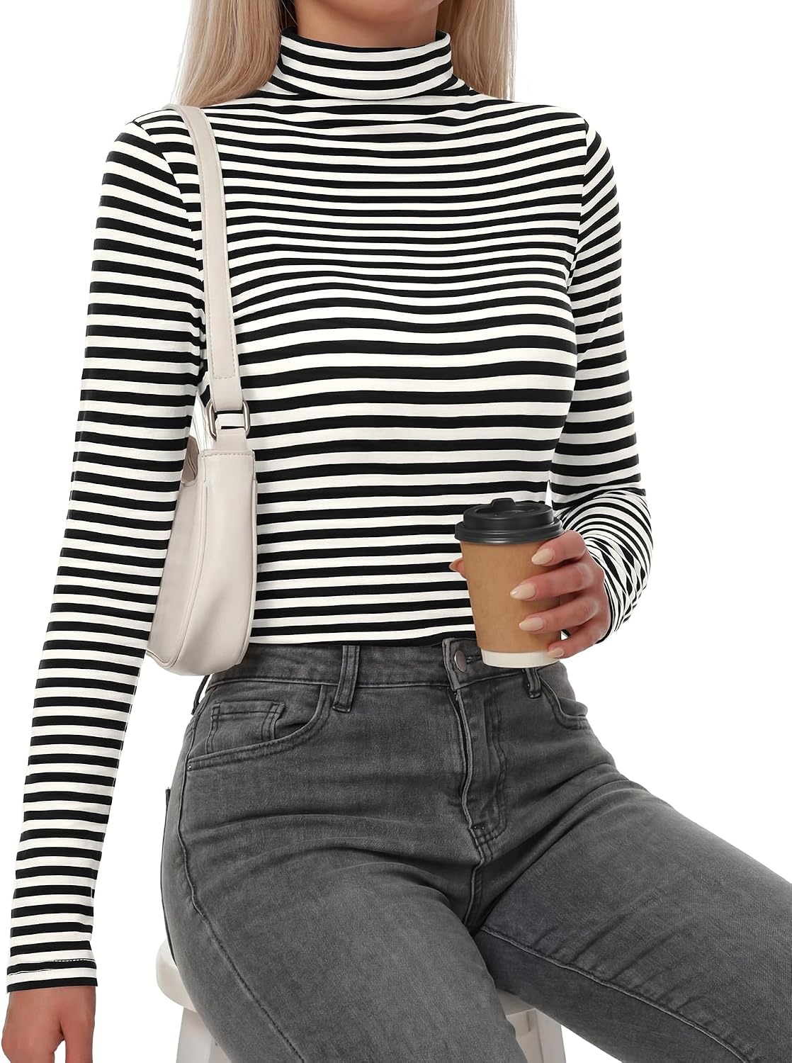 image:imageBTFBM Long Sleeve Shirts for Women Turtleneck Striped Shirt Lightweight Basic Thermal Underwear Tops 2026 Fall FashionBlack White