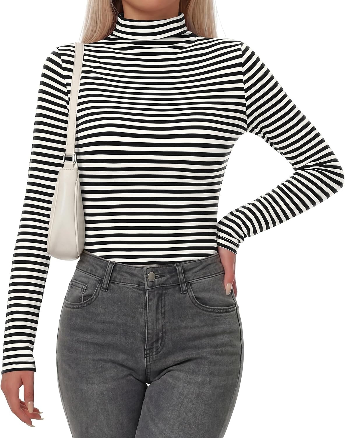 image:imageBTFBM Long Sleeve Shirts for Women Turtleneck Striped Shirt Lightweight Basic Thermal Underwear Tops 2026 Fall FashionBlack White