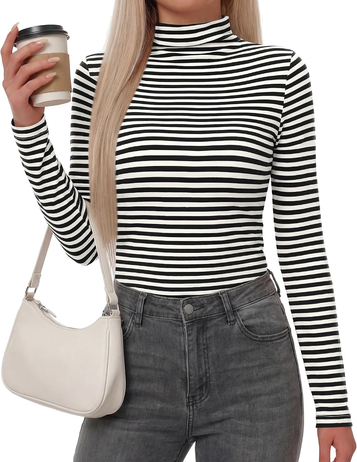 image:imageBTFBM Long Sleeve Shirts for Women Turtleneck Striped Shirt Lightweight Basic Thermal Underwear Tops 2026 Fall FashionBlack White