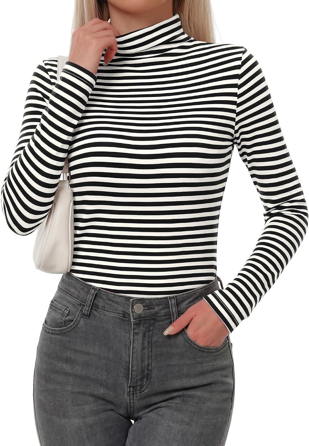image:imageBTFBM Long Sleeve Shirts for Women Turtleneck Striped Shirt Lightweight Basic Thermal Underwear Tops 2026 Fall FashionBlack White