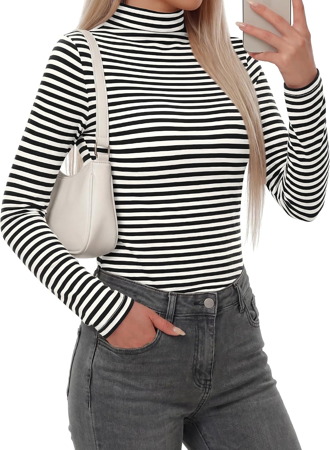 image:imageBTFBM Long Sleeve Shirts for Women Turtleneck Striped Shirt Lightweight Basic Thermal Underwear Tops 2026 Fall FashionBlack White