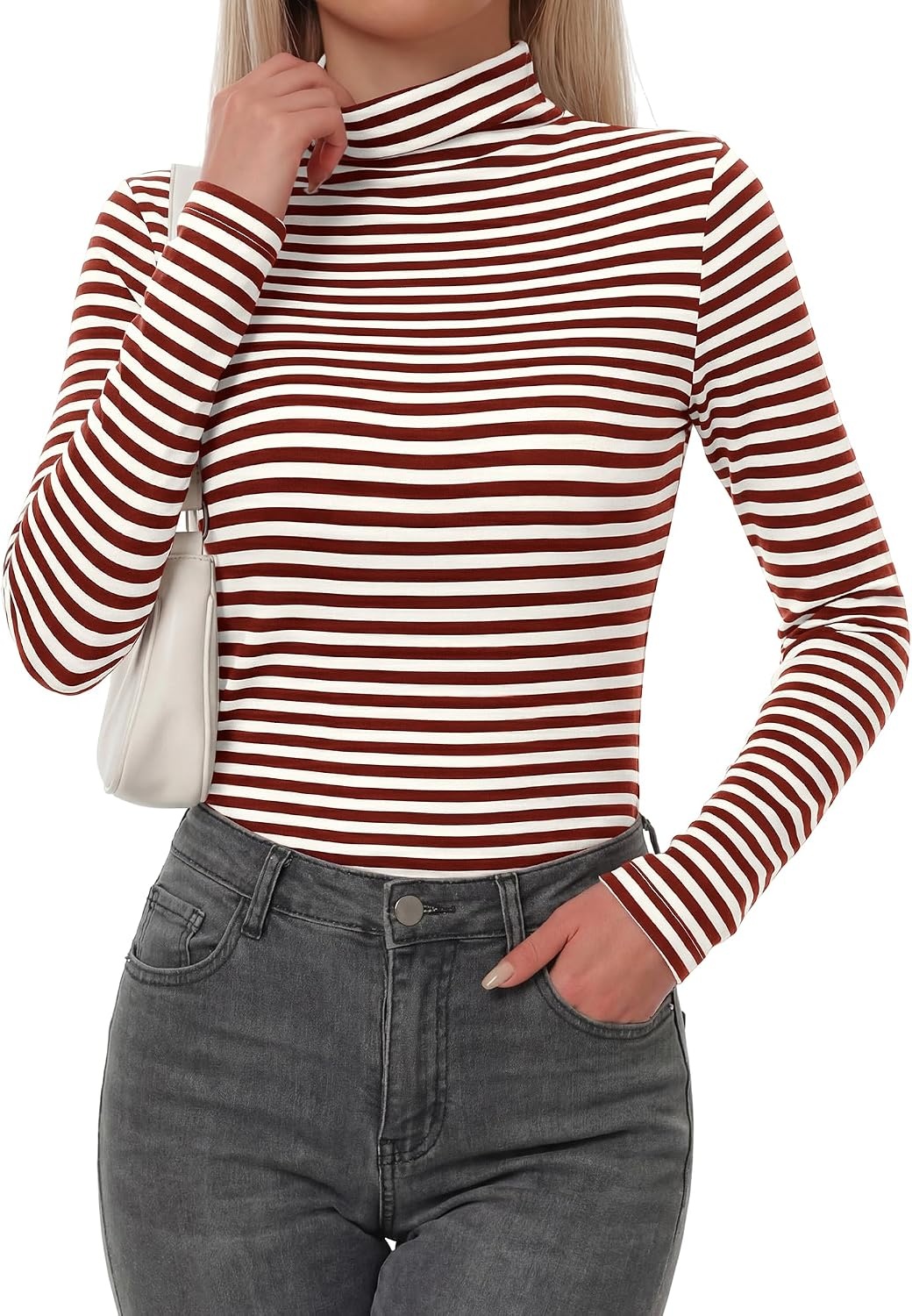 image:imageBTFBM Long Sleeve Shirts for Women Turtleneck Striped Shirt Lightweight Basic Thermal Underwear Tops 2026 Fall FashionBrown White
