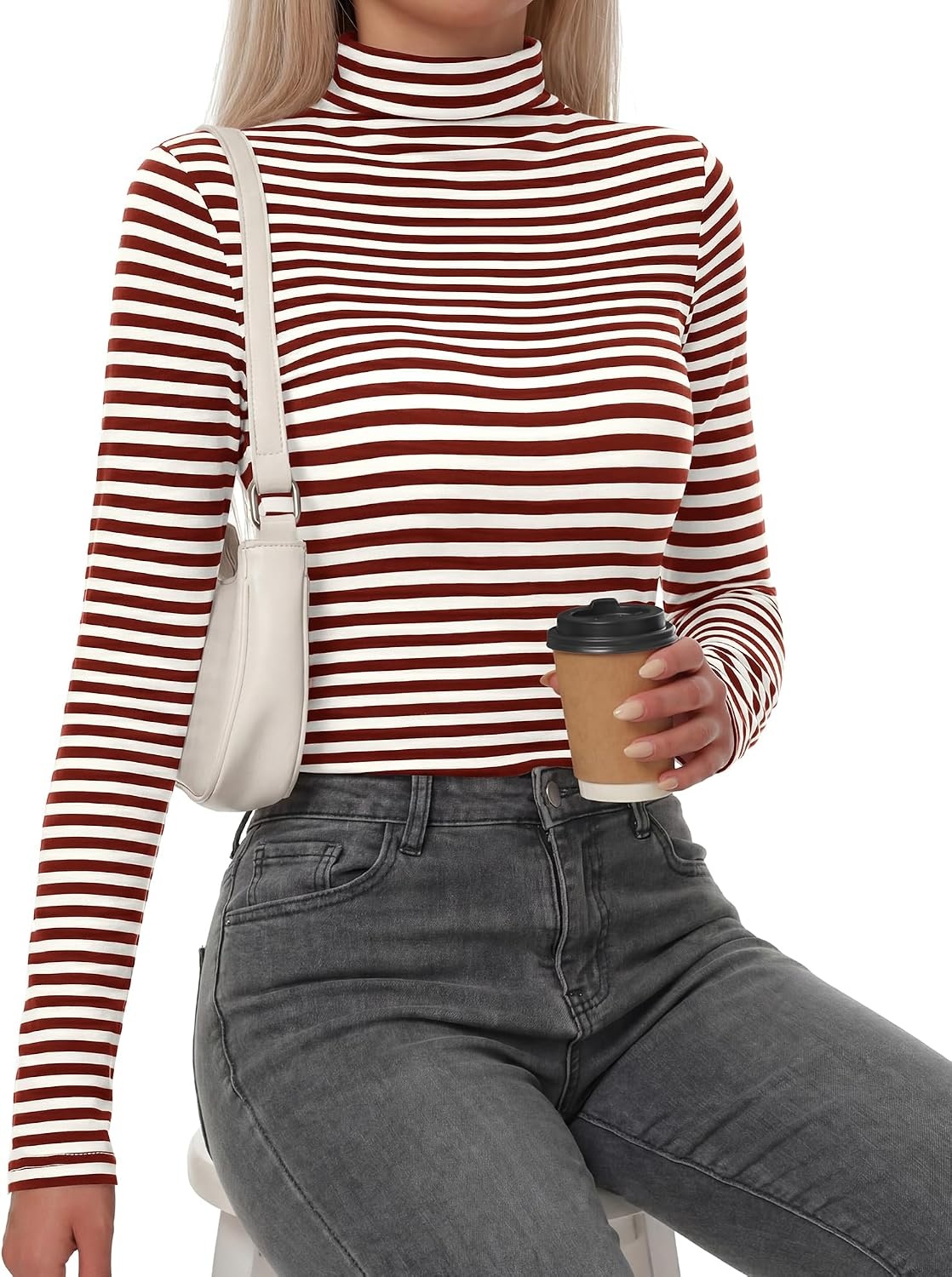 image:imageBTFBM Long Sleeve Shirts for Women Turtleneck Striped Shirt Lightweight Basic Thermal Underwear Tops 2026 Fall FashionBrown White
