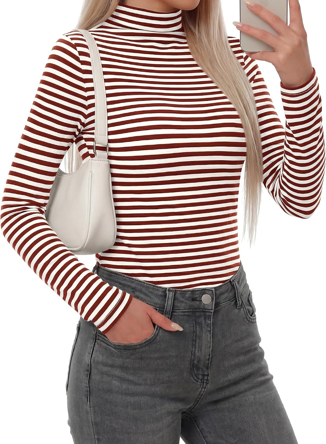 image:imageBTFBM Long Sleeve Shirts for Women Turtleneck Striped Shirt Lightweight Basic Thermal Underwear Tops 2026 Fall FashionBrown White