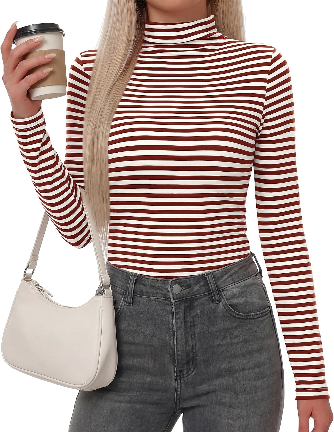 image:imageBTFBM Long Sleeve Shirts for Women Turtleneck Striped Shirt Lightweight Basic Thermal Underwear Tops 2026 Fall FashionBrown White