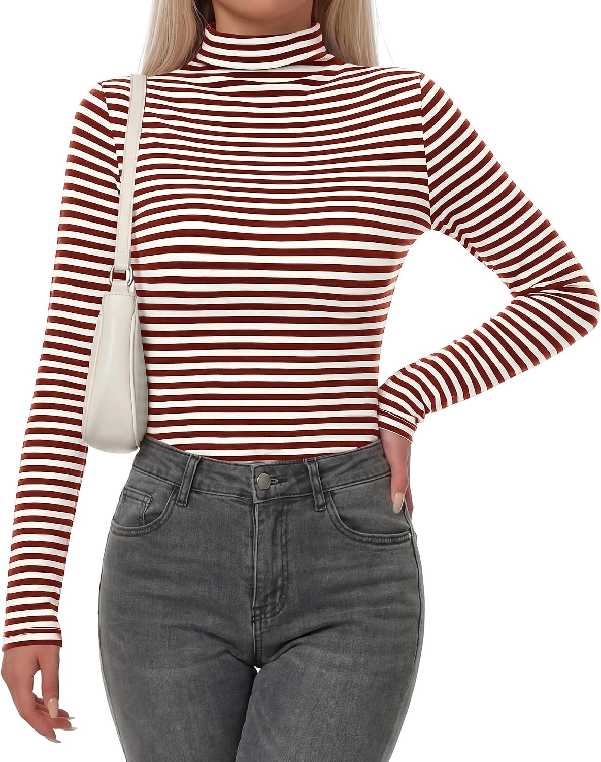 image:imageBTFBM Long Sleeve Shirts for Women Turtleneck Striped Shirt Lightweight Basic Thermal Underwear Tops 2026 Fall FashionBrown White