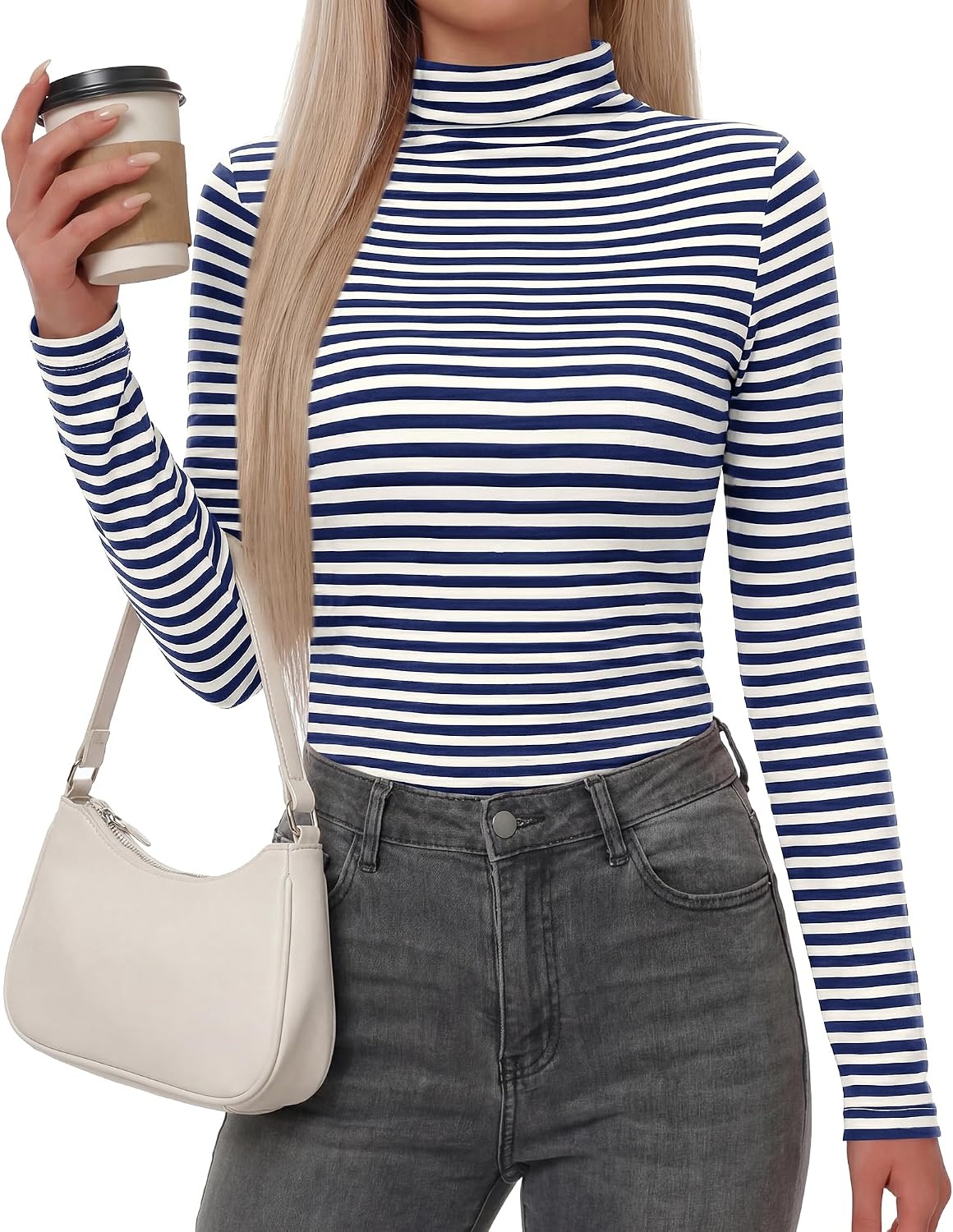 image:imageBTFBM Long Sleeve Shirts for Women Turtleneck Striped Shirt Lightweight Basic Thermal Underwear Tops 2026 Fall FashionNavy Blue White