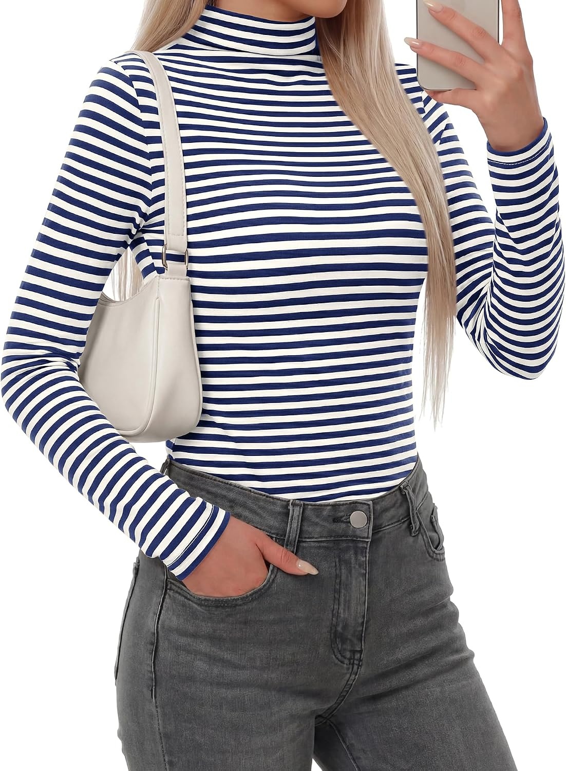 image:imageBTFBM Long Sleeve Shirts for Women Turtleneck Striped Shirt Lightweight Basic Thermal Underwear Tops 2026 Fall FashionNavy Blue White