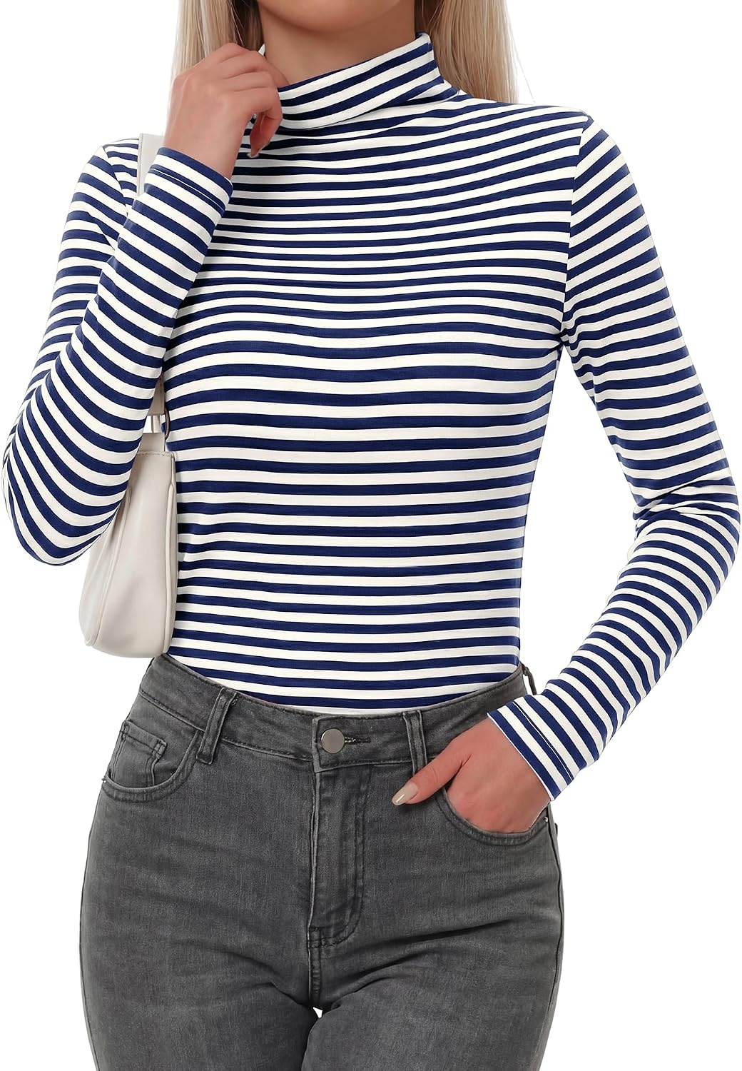 image:imageBTFBM Long Sleeve Shirts for Women Turtleneck Striped Shirt Lightweight Basic Thermal Underwear Tops 2026 Fall FashionNavy Blue White