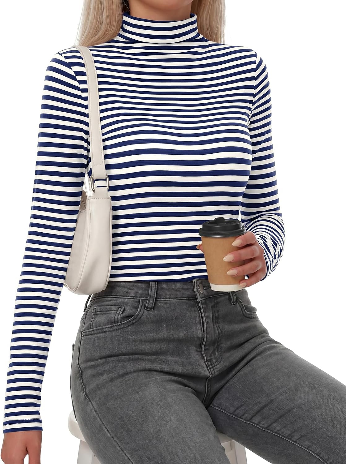 image:imageBTFBM Long Sleeve Shirts for Women Turtleneck Striped Shirt Lightweight Basic Thermal Underwear Tops 2026 Fall FashionNavy Blue White