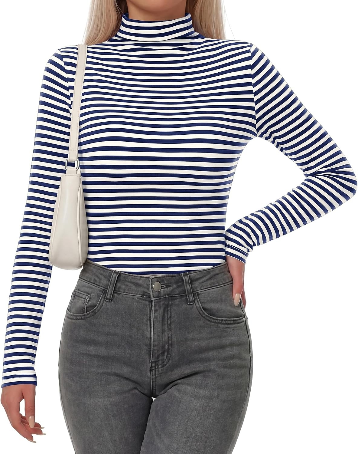 image:imageBTFBM Long Sleeve Shirts for Women Turtleneck Striped Shirt Lightweight Basic Thermal Underwear Tops 2026 Fall FashionNavy Blue White