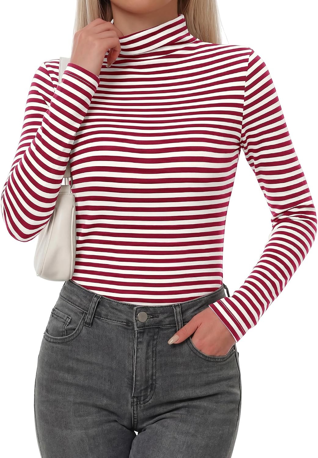 image:imageBTFBM Long Sleeve Shirts for Women Turtleneck Striped Shirt Lightweight Basic Thermal Underwear Tops 2026 Fall FashionWine Red White