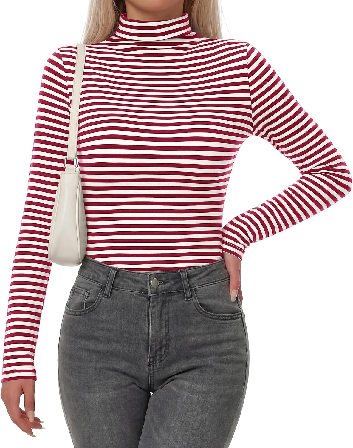 image:imageBTFBM Long Sleeve Shirts for Women Turtleneck Striped Shirt Lightweight Basic Thermal Underwear Tops 2026 Fall FashionWine Red White