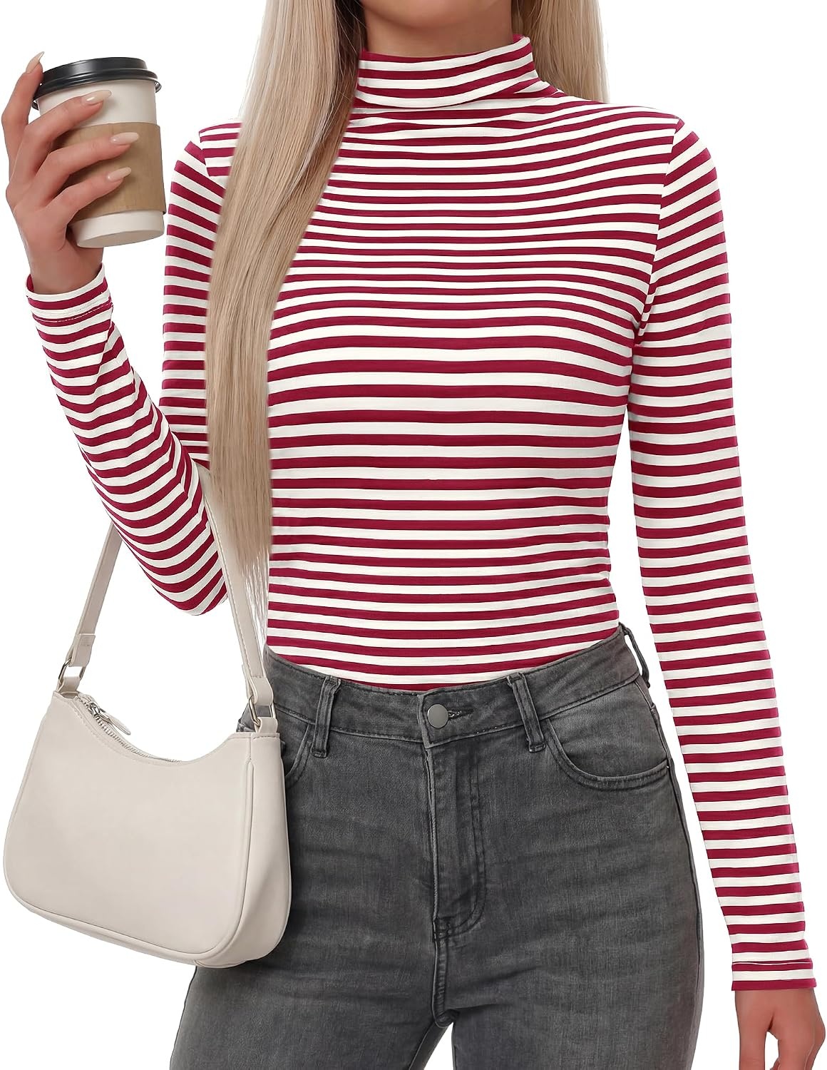 image:imageBTFBM Long Sleeve Shirts for Women Turtleneck Striped Shirt Lightweight Basic Thermal Underwear Tops 2026 Fall FashionWine Red White