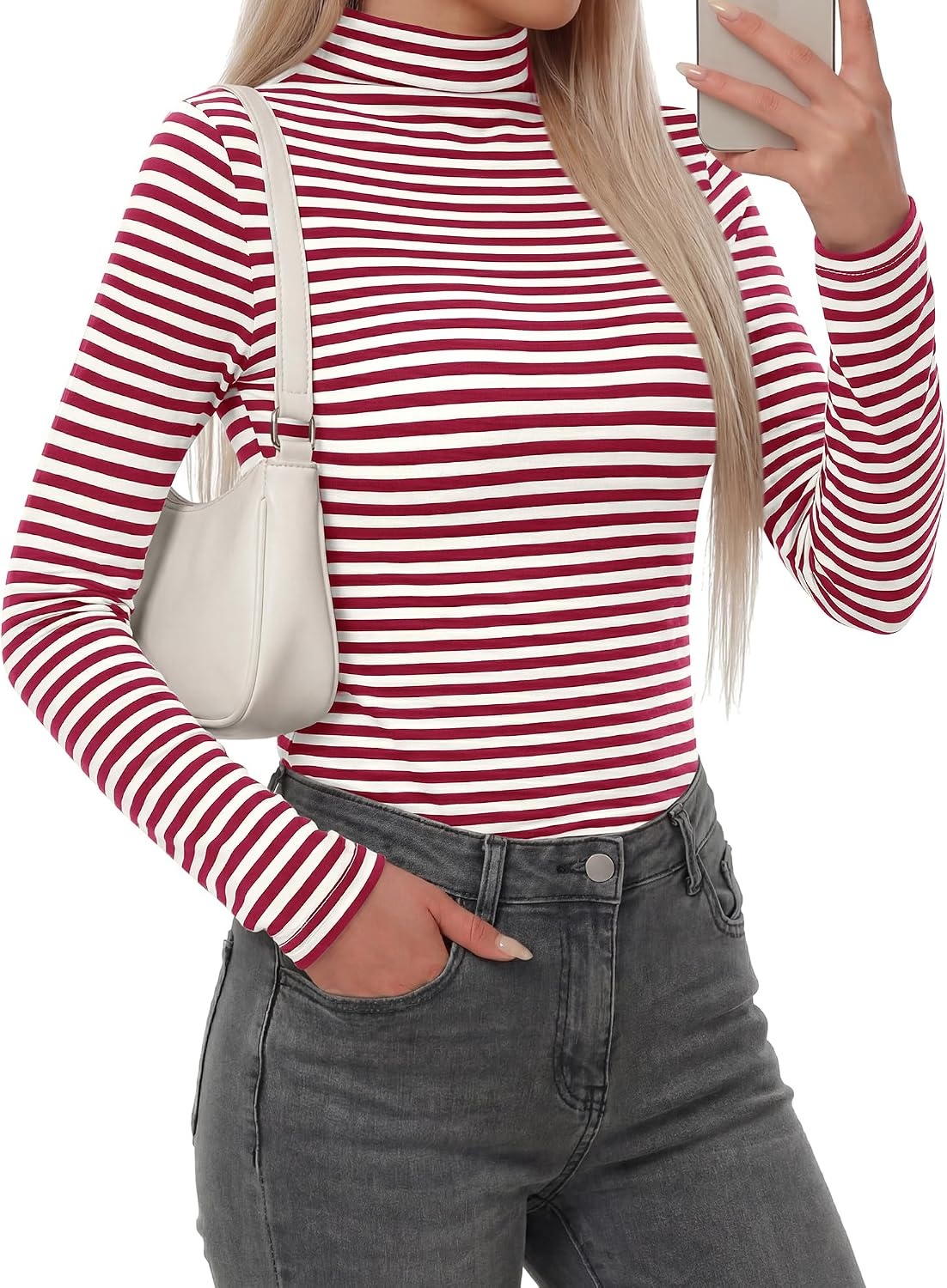 image:imageBTFBM Long Sleeve Shirts for Women Turtleneck Striped Shirt Lightweight Basic Thermal Underwear Tops 2026 Fall FashionWine Red White