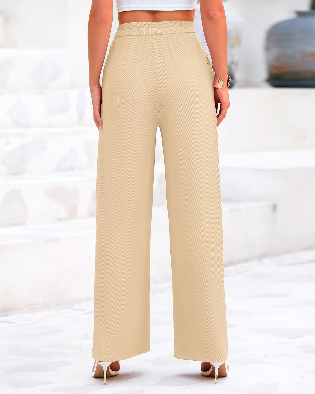 image:imageBTFBM Palazzo Pants for Women 2026 Summer Clothes Pockets High Waist Casual Ribbed Knit Flowy Spring Wide Leg TrousersBeige