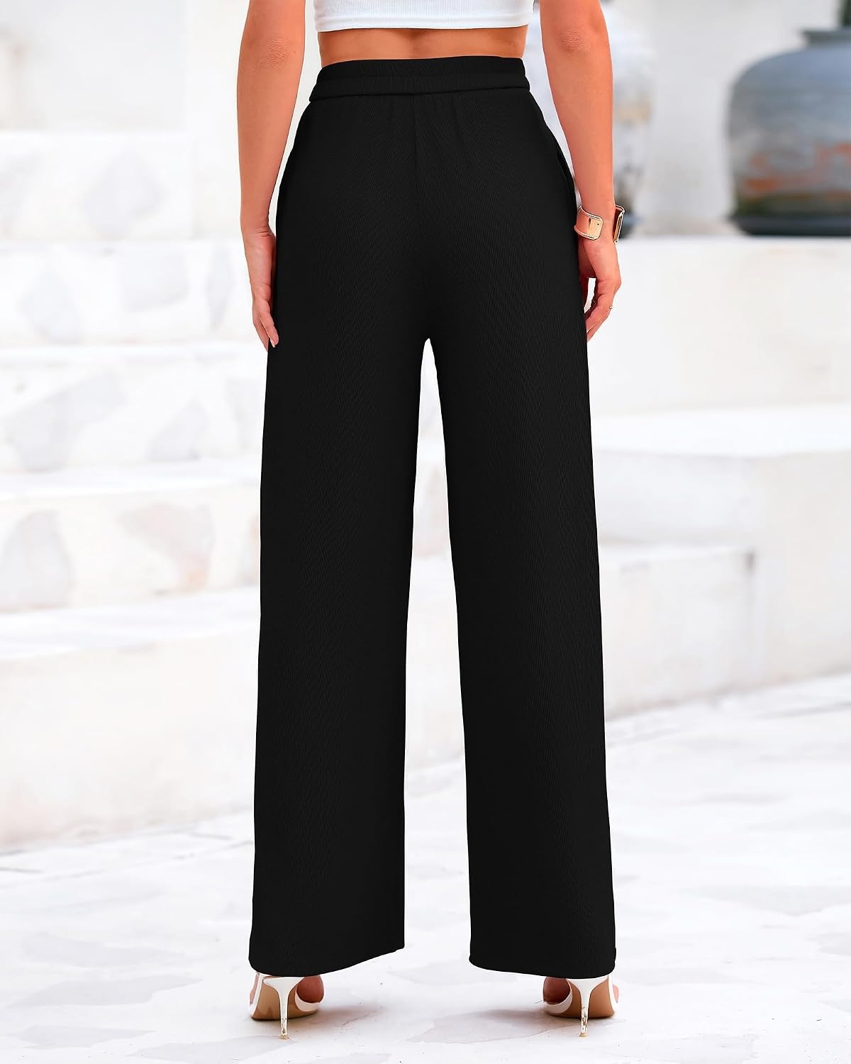 image:imageBTFBM Palazzo Pants for Women 2026 Summer Clothes Pockets High Waist Casual Ribbed Knit Flowy Spring Wide Leg TrousersBlack