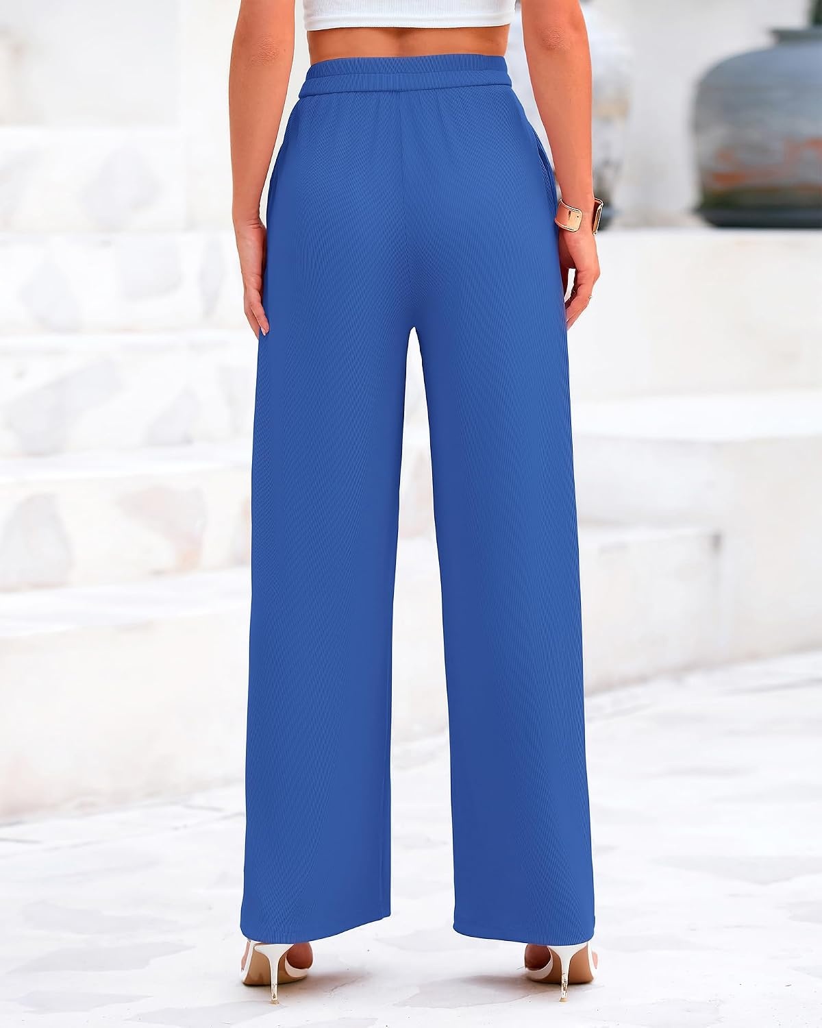 image:imageBTFBM Palazzo Pants for Women 2026 Summer Clothes Pockets High Waist Casual Ribbed Knit Flowy Spring Wide Leg TrousersBlue