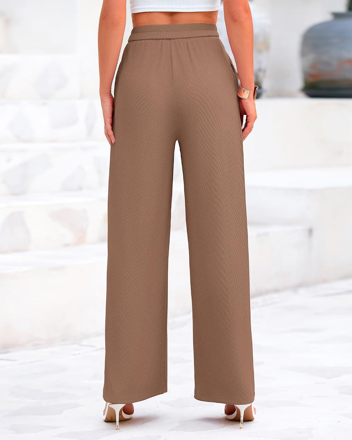 image:imageBTFBM Palazzo Pants for Women 2026 Summer Clothes Pockets High Waist Casual Ribbed Knit Flowy Spring Wide Leg TrousersKhaki