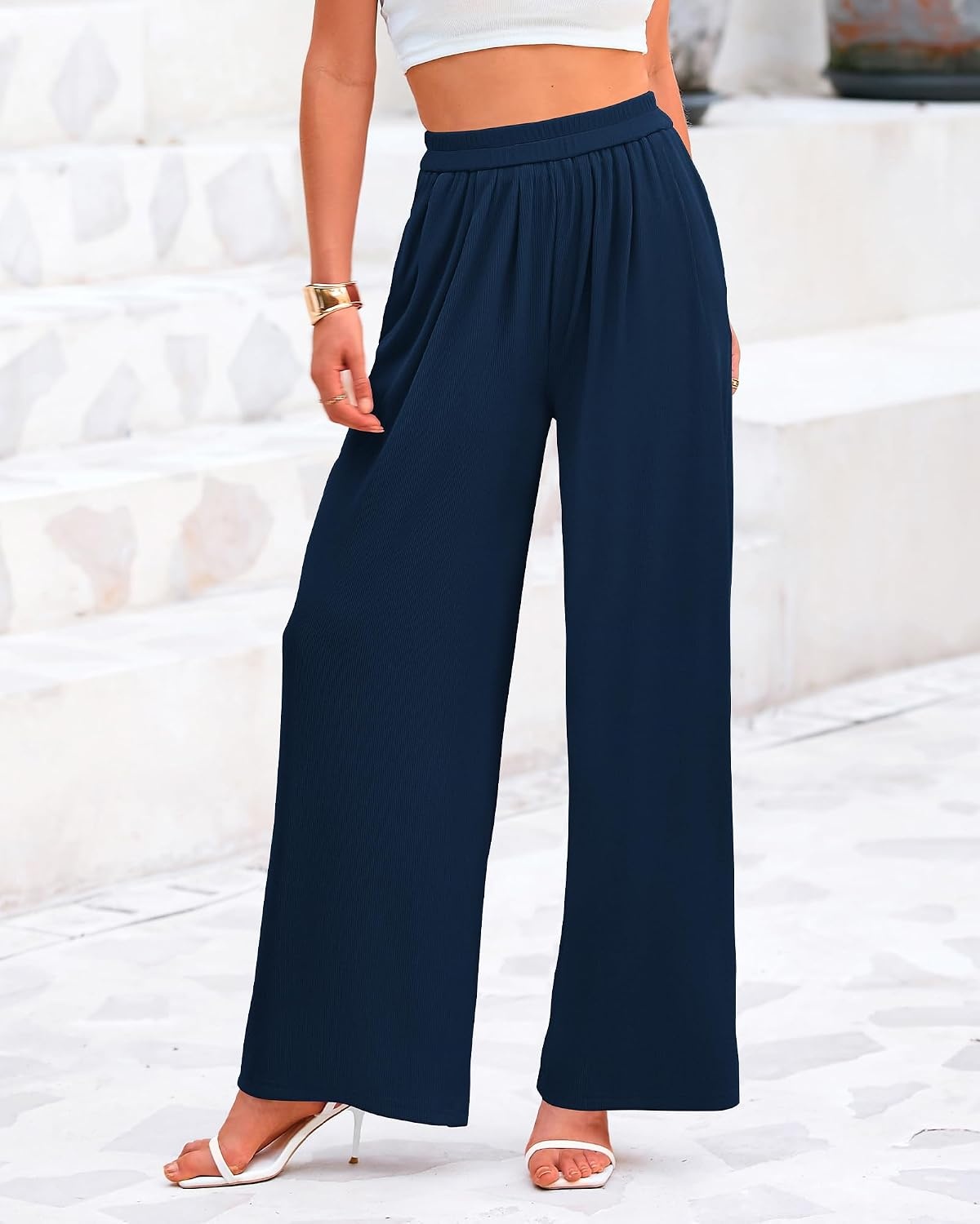 image:imageBTFBM Palazzo Pants for Women 2026 Summer Clothes Pockets High Waist Casual Ribbed Knit Flowy Spring Wide Leg TrousersNavy
