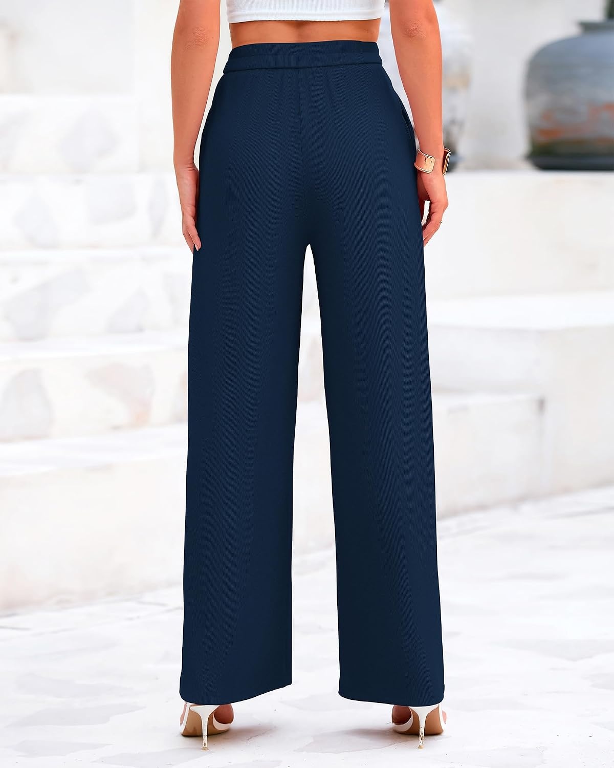 image:imageBTFBM Palazzo Pants for Women 2026 Summer Clothes Pockets High Waist Casual Ribbed Knit Flowy Spring Wide Leg TrousersNavy