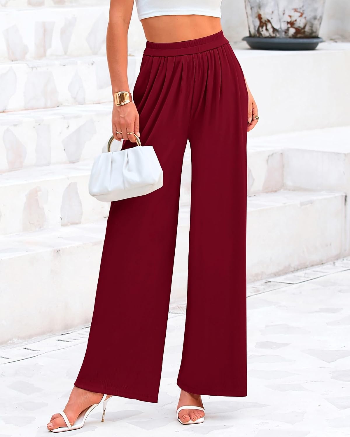 image:imageBTFBM Palazzo Pants for Women 2026 Summer Clothes Pockets High Waist Casual Ribbed Knit Flowy Spring Wide Leg TrousersWine Red