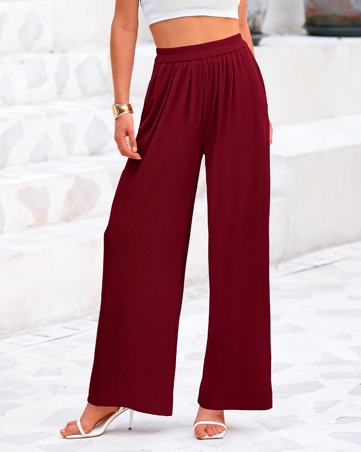 image:imageBTFBM Palazzo Pants for Women 2026 Summer Clothes Pockets High Waist Casual Ribbed Knit Flowy Spring Wide Leg TrousersWine Red