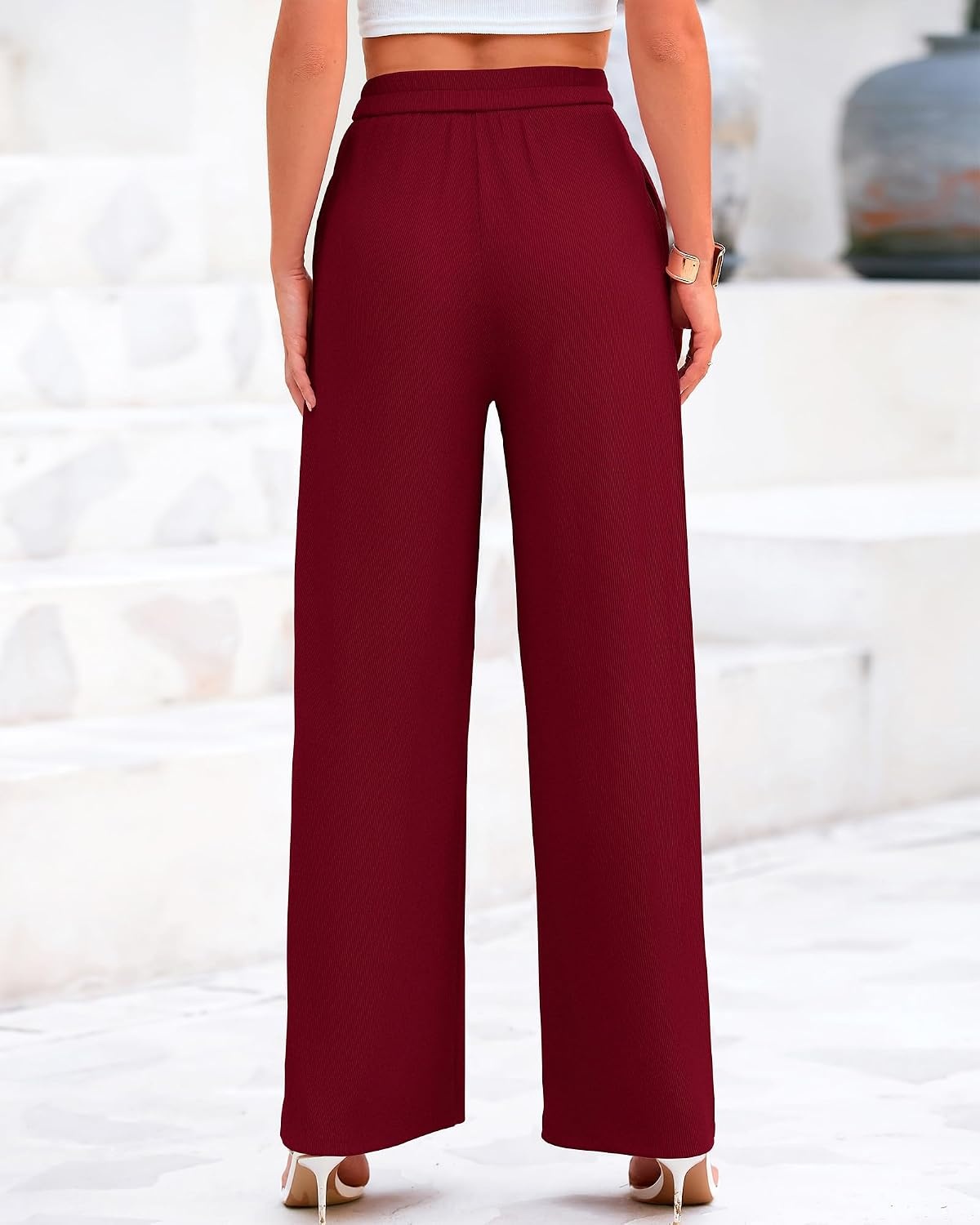 image:imageBTFBM Palazzo Pants for Women 2026 Summer Clothes Pockets High Waist Casual Ribbed Knit Flowy Spring Wide Leg TrousersWine Red