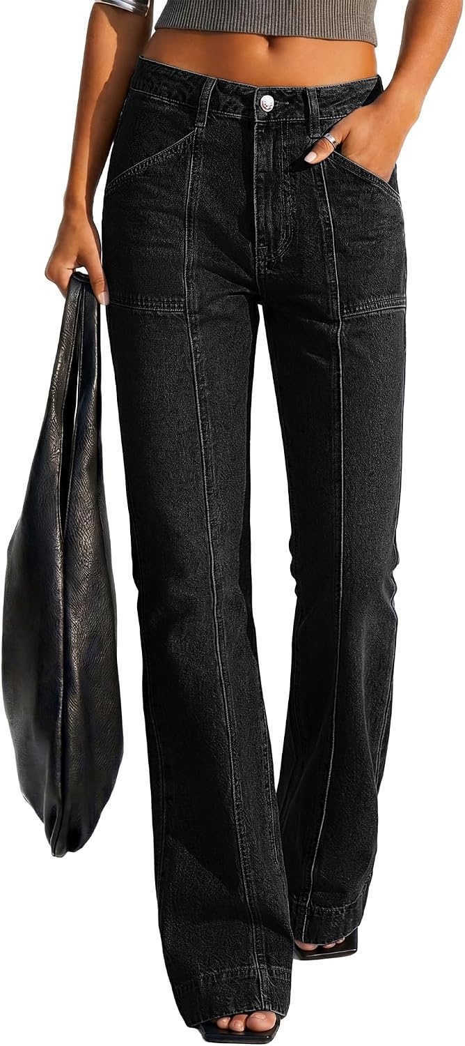 image:imageBTFBM Straight Leg Jeans for Women Stretchy Curve Appeal Pants Front Seam Little Flare Bootcut Jean High Waisted Denim Pockets Travel Airport Outfits 2026 Trendy Fall Fashion ClothingBlack