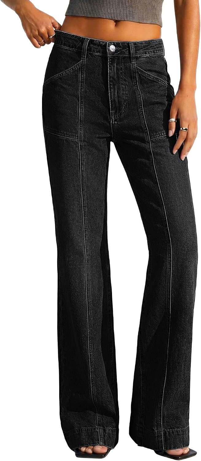 image:imageBTFBM Straight Leg Jeans for Women Stretchy Curve Appeal Pants Front Seam Little Flare Bootcut Jean High Waisted Denim Pockets Travel Airport Outfits 2026 Trendy Fall Fashion ClothingBlack