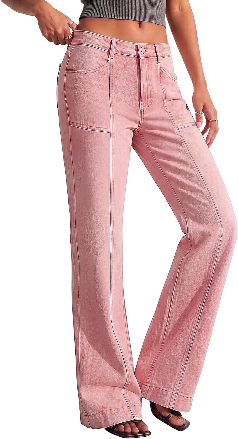 image:imageBTFBM Straight Leg Jeans for Women Stretchy Curve Appeal Pants Front Seam Little Flare Bootcut Jean High Waisted Denim Pockets Travel Airport Outfits 2026 Trendy Fall Fashion ClothingPink
