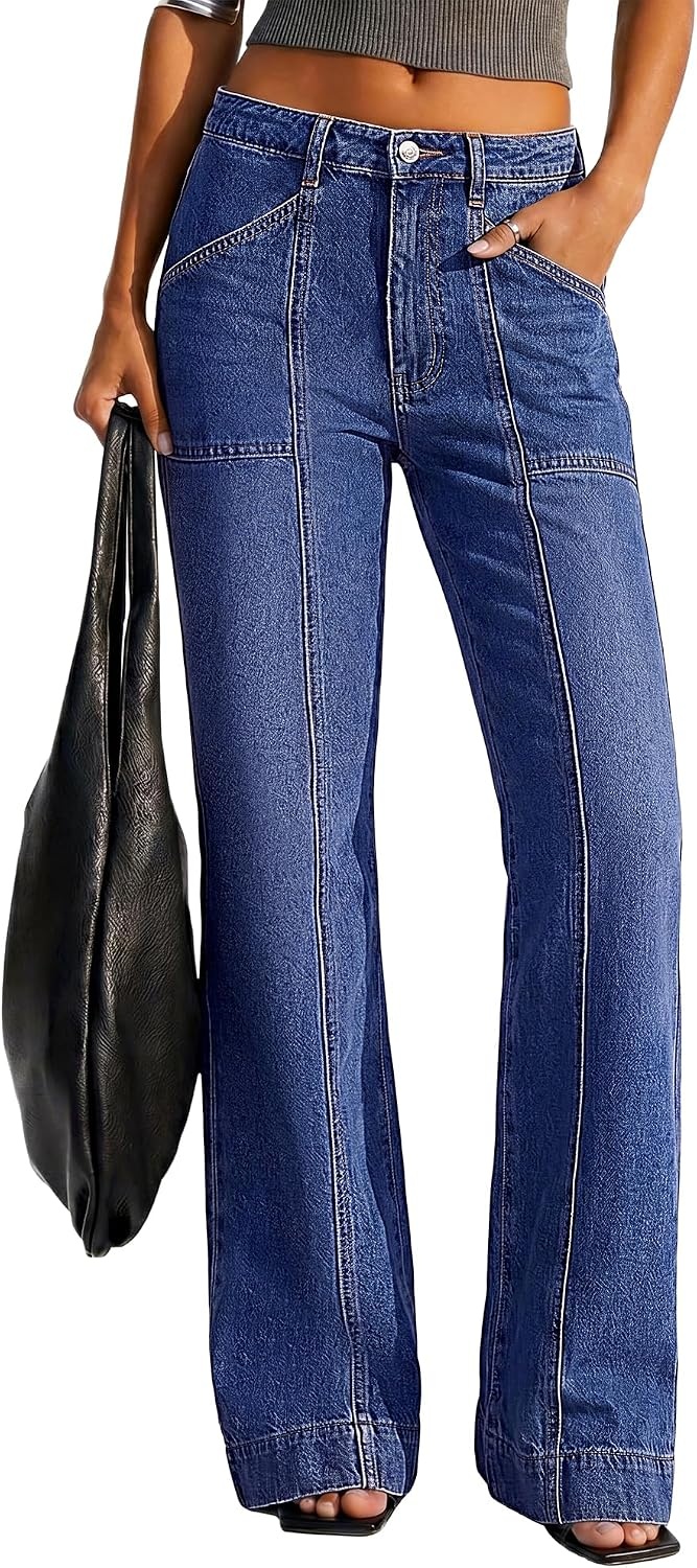 image:imageBTFBM Straight Leg Jeans for Women Stretchy Curve Appeal Pants Front Seam Little Flare Bootcut Jean High Waisted Denim Pockets Travel Airport Outfits 2026 Trendy Fall Fashion ClothingDark Blue