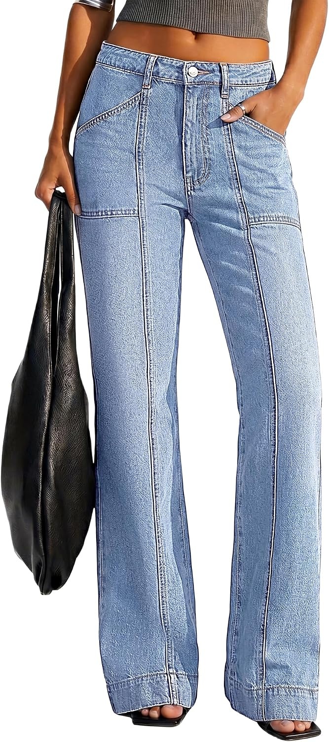 image:imageBTFBM Straight Leg Jeans for Women Stretchy Curve Appeal Pants Front Seam Little Flare Bootcut Jean High Waisted Denim Pockets Travel Airport Outfits 2026 Trendy Fall Fashion ClothingLight Blue