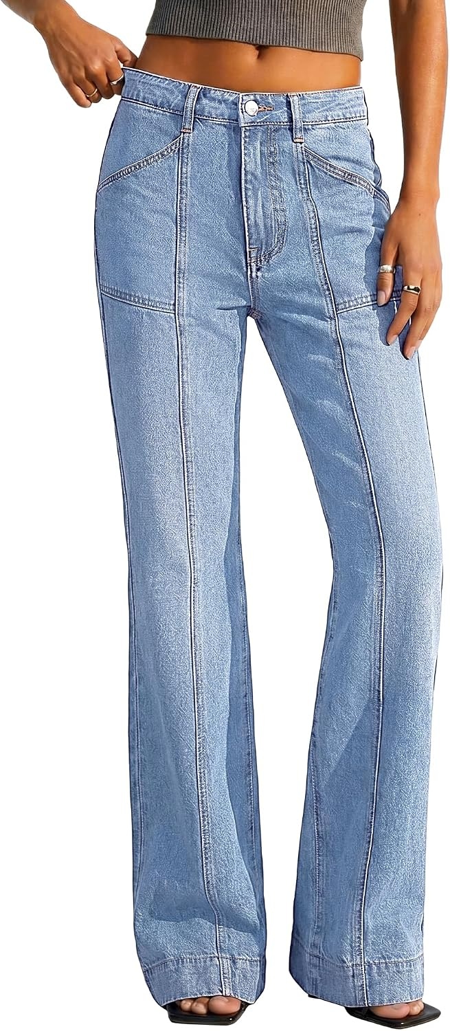 image:imageBTFBM Straight Leg Jeans for Women Stretchy Curve Appeal Pants Front Seam Little Flare Bootcut Jean High Waisted Denim Pockets Travel Airport Outfits 2026 Trendy Fall Fashion ClothingLight Blue