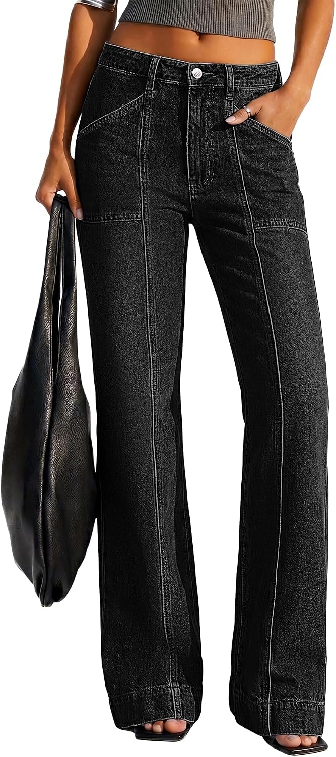 image:imageBTFBM Straight Leg Jeans for Women Stretchy Curve Appeal Pants Front Seam Little Flare Bootcut Jean High Waisted Denim Pockets Travel Airport Outfits 2026 Trendy Fall Fashion ClothingBlack