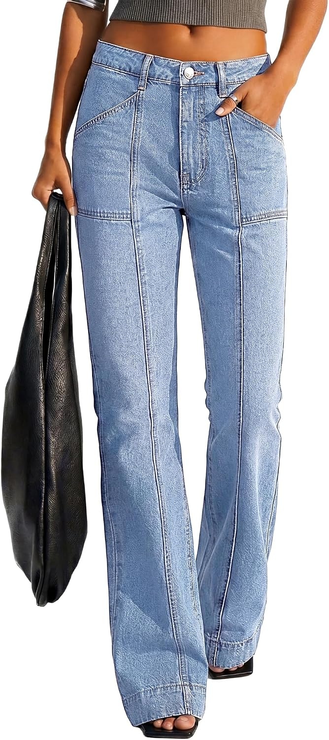 image:imageBTFBM Straight Leg Jeans for Women Stretchy Curve Appeal Pants Front Seam Little Flare Bootcut Jean High Waisted Denim Pockets Travel Airport Outfits 2026 Trendy Fall Fashion ClothingLight Blue