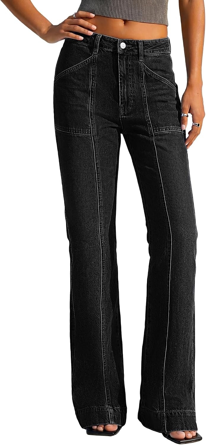 image:imageBTFBM Straight Leg Jeans for Women Stretchy Curve Appeal Pants Front Seam Little Flare Bootcut Jean High Waisted Denim Pockets Travel Airport Outfits 2026 Trendy Fall Fashion ClothingBlack
