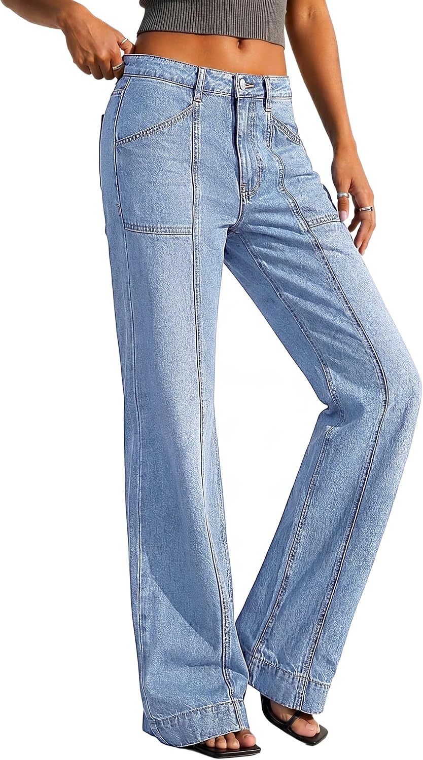 image:imageBTFBM Straight Leg Jeans for Women Stretchy Curve Appeal Pants Front Seam Little Flare Bootcut Jean High Waisted Denim Pockets Travel Airport Outfits 2026 Trendy Fall Fashion ClothingLight Blue