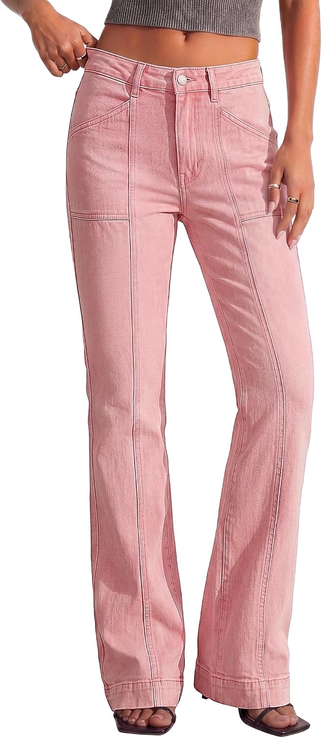 image:imageBTFBM Straight Leg Jeans for Women Stretchy Curve Appeal Pants Front Seam Little Flare Bootcut Jean High Waisted Denim Pockets Travel Airport Outfits 2026 Trendy Fall Fashion ClothingPink