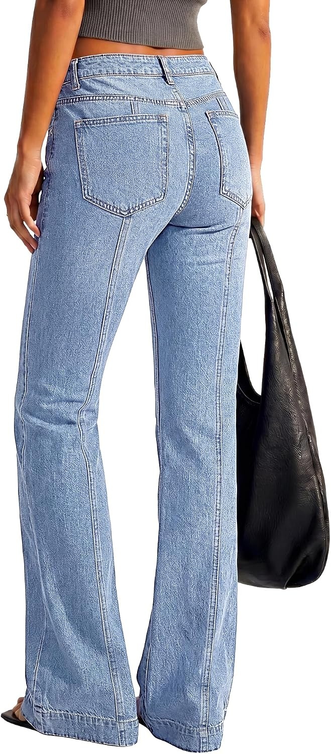 image:imageBTFBM Straight Leg Jeans for Women Stretchy Curve Appeal Pants Front Seam Little Flare Bootcut Jean High Waisted Denim Pockets Travel Airport Outfits 2026 Trendy Fall Fashion ClothingLight Blue