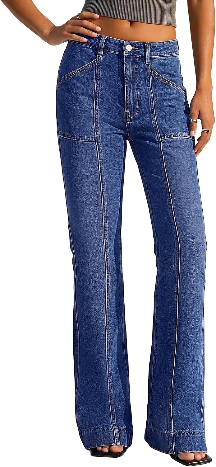 image:imageBTFBM Straight Leg Jeans for Women Stretchy Curve Appeal Pants Front Seam Little Flare Bootcut Jean High Waisted Denim Pockets Travel Airport Outfits 2026 Trendy Fall Fashion ClothingDark Blue