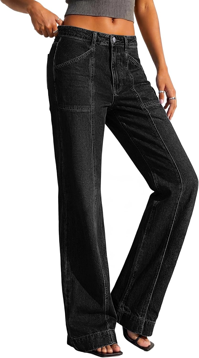 image:imageBTFBM Straight Leg Jeans for Women Stretchy Curve Appeal Pants Front Seam Little Flare Bootcut Jean High Waisted Denim Pockets Travel Airport Outfits 2026 Trendy Fall Fashion ClothingBlack