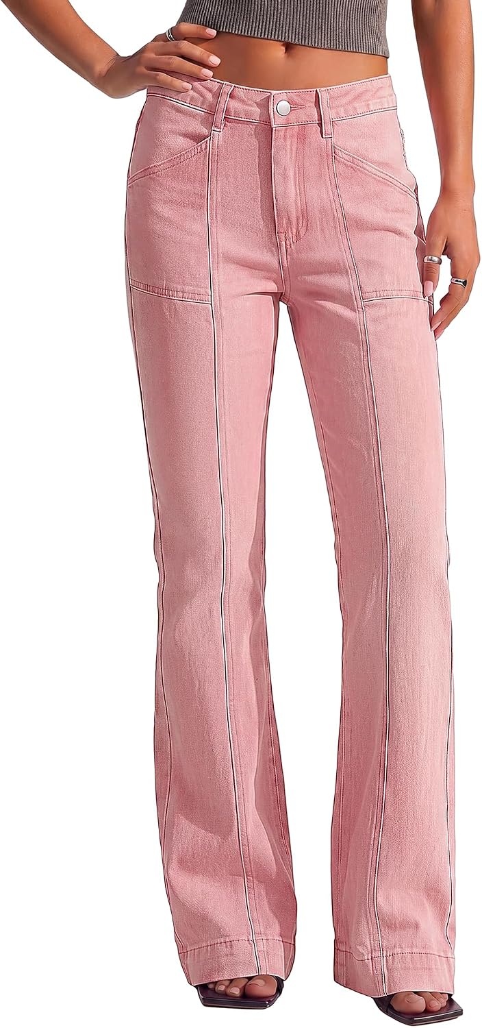 image:imageBTFBM Straight Leg Jeans for Women Stretchy Curve Appeal Pants Front Seam Little Flare Bootcut Jean High Waisted Denim Pockets Travel Airport Outfits 2026 Trendy Fall Fashion ClothingPink