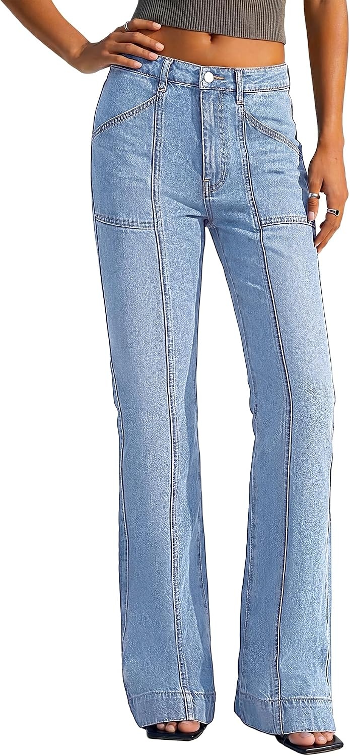 image:imageBTFBM Straight Leg Jeans for Women Stretchy Curve Appeal Pants Front Seam Little Flare Bootcut Jean High Waisted Denim Pockets Travel Airport Outfits 2026 Trendy Fall Fashion ClothingLight Blue