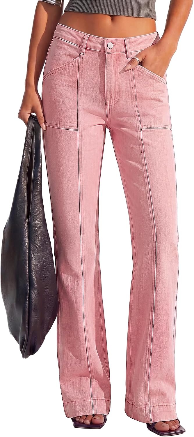 image:imageBTFBM Straight Leg Jeans for Women Stretchy Curve Appeal Pants Front Seam Little Flare Bootcut Jean High Waisted Denim Pockets Travel Airport Outfits 2026 Trendy Fall Fashion ClothingPink